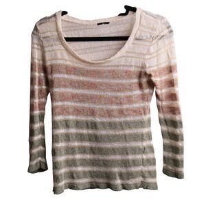Striped Lightweight‎ Knit Scoop Neck Sweater 3/4 Sleeve Sage Peach Cream